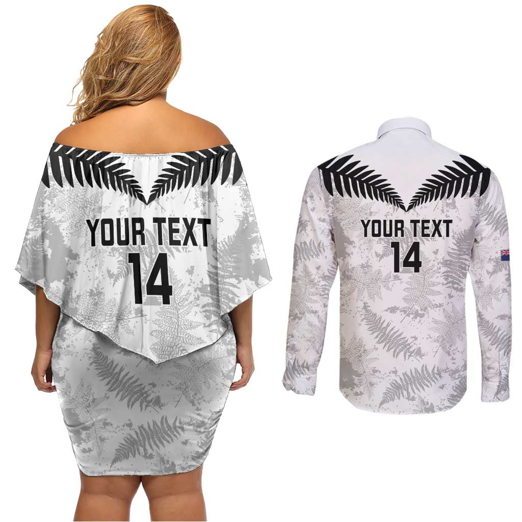 Custom New Zealand Silver Fern Football Couples Matching Off Shoulder Short Dress and Long Sleeve Button Shirt Go Aotearoa Grunge White - Polynesian Pride