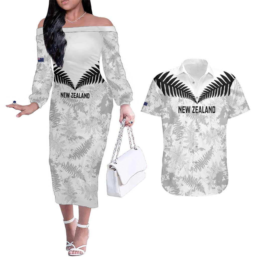 Custom New Zealand Silver Fern Football Couples Matching Off The Shoulder Long Sleeve Dress and Hawaiian Shirt Go Aotearoa Grunge White - Polynesian Pride