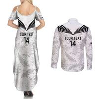 Custom New Zealand Silver Fern Football Couples Matching Summer Maxi Dress and Long Sleeve Button Shirt Go Aotearoa Grunge White - Polynesian Pride