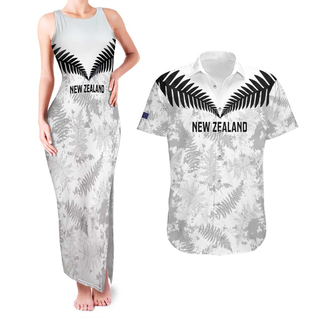 Custom New Zealand Silver Fern Football Couples Matching Tank Maxi Dress and Hawaiian Shirt Go Aotearoa Grunge White - Polynesian Pride