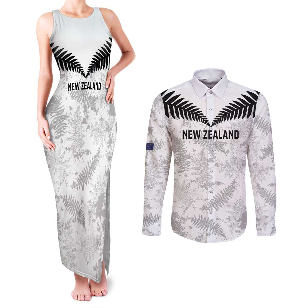 Custom New Zealand Silver Fern Football Couples Matching Tank Maxi Dress and Long Sleeve Button Shirt Go Aotearoa Grunge White - Polynesian Pride
