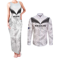 Custom New Zealand Silver Fern Football Couples Matching Tank Maxi Dress and Long Sleeve Button Shirt Go Aotearoa Grunge White - Polynesian Pride