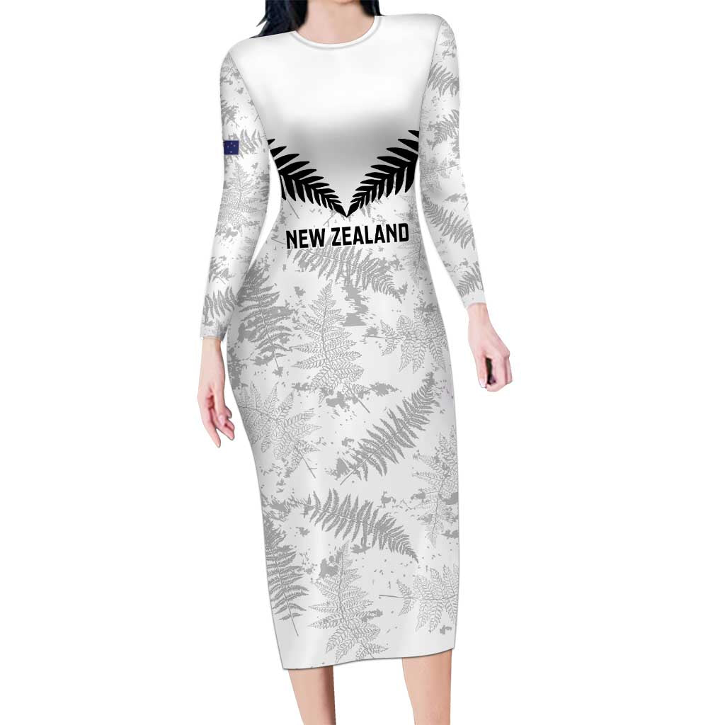 Custom New Zealand Silver Fern Football Family Matching Long Sleeve Bodycon Dress and Hawaiian Shirt Go Aotearoa Grunge White - Polynesian Pride
