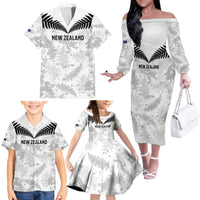Custom New Zealand Silver Fern Football Family Matching Off The Shoulder Long Sleeve Dress and Hawaiian Shirt Go Aotearoa Grunge White - Polynesian Pride