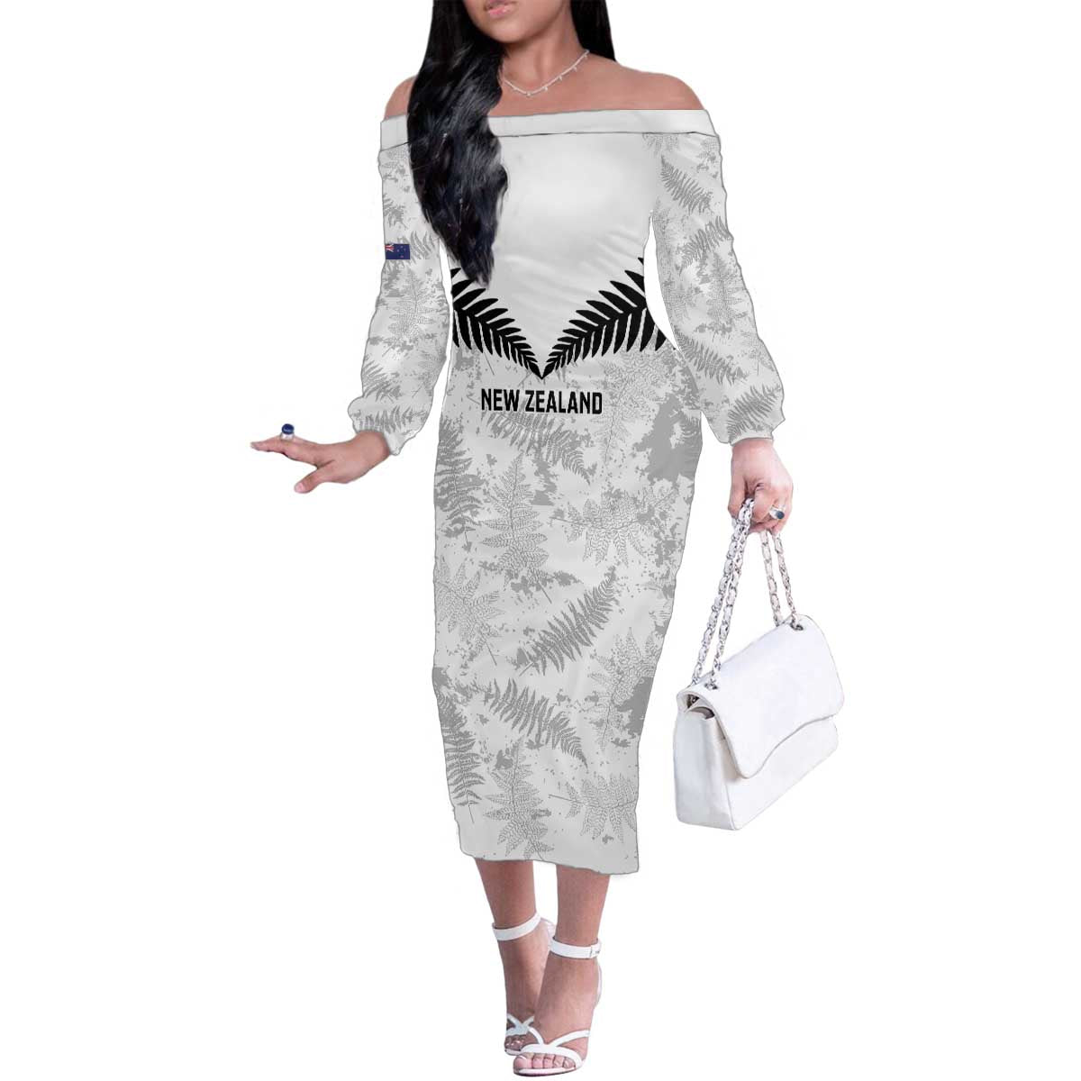 Custom New Zealand Silver Fern Football Family Matching Off The Shoulder Long Sleeve Dress and Hawaiian Shirt Go Aotearoa Grunge White - Polynesian Pride