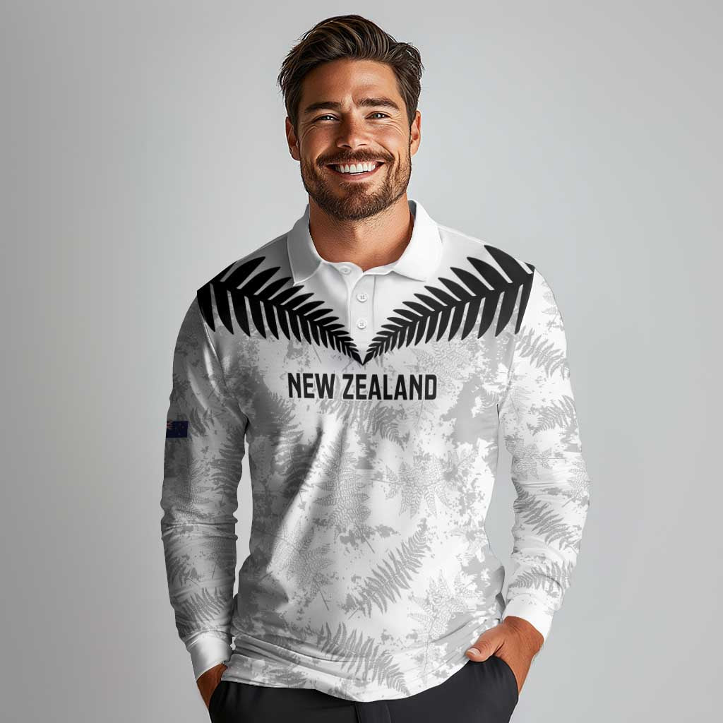 Custom New Zealand Silver Fern Football Long Sleeve Polo Shirt Go Aotearoa Grunge White - Polynesian Pride