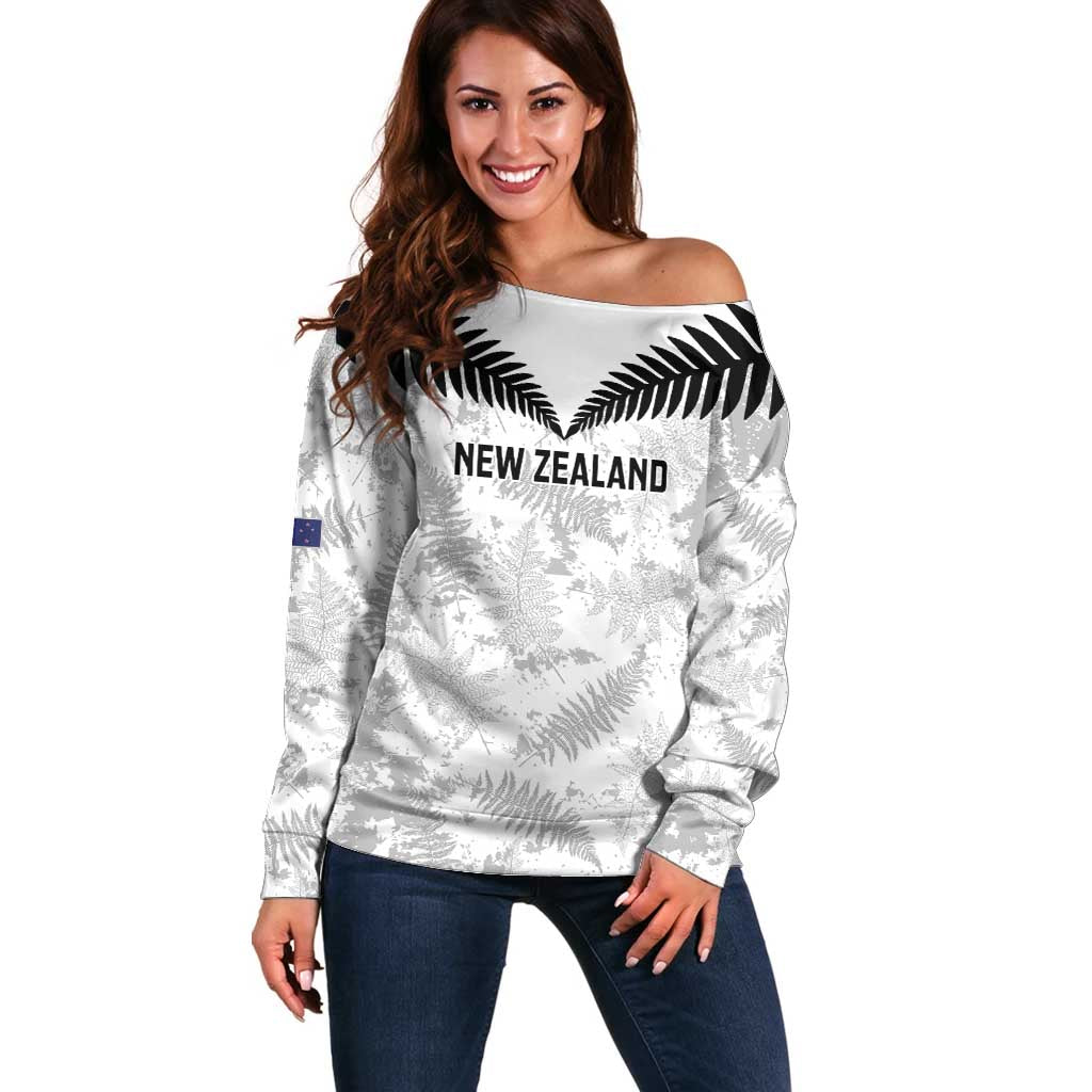 Custom New Zealand Silver Fern Football Off Shoulder Sweater Go Aotearoa Grunge White - Polynesian Pride