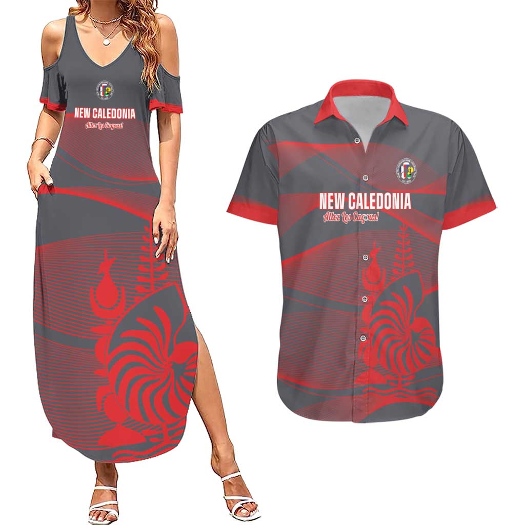 Custom New Caledonia Football Couples Matching Summer Maxi Dress and Hawaiian Shirt Allez Les Cagous Grey Version - Polynesian Pride