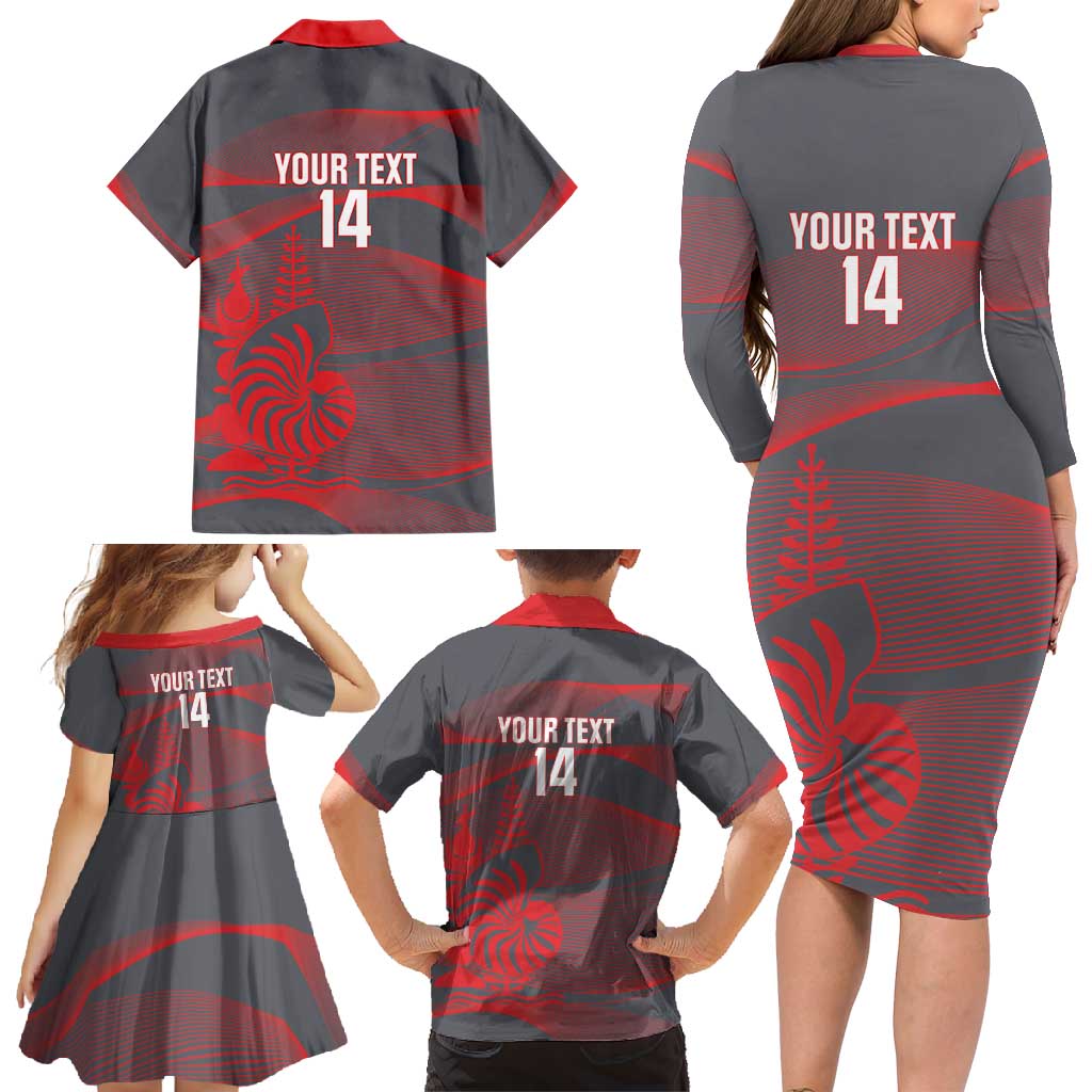 Custom New Caledonia Football Family Matching Long Sleeve Bodycon Dress and Hawaiian Shirt Allez Les Cagous Grey Version - Polynesian Pride