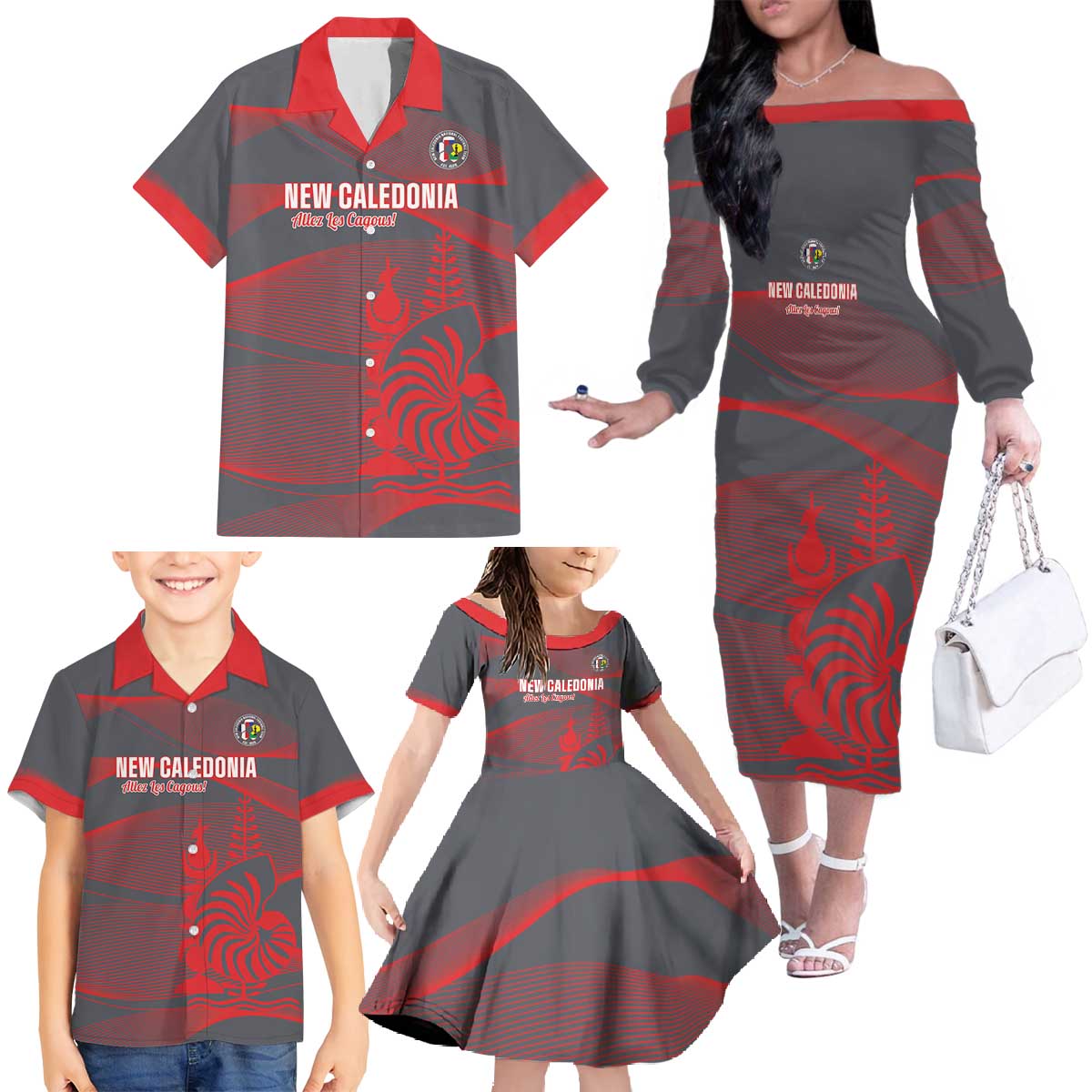 Custom New Caledonia Football Family Matching Off The Shoulder Long Sleeve Dress and Hawaiian Shirt Allez Les Cagous Grey Version - Polynesian Pride