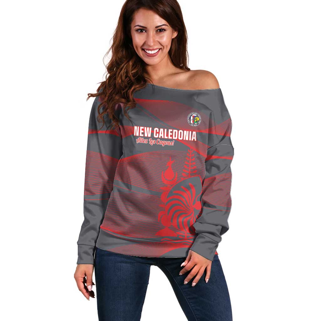 Custom New Caledonia Football Off Shoulder Sweater Allez Les Cagous Grey Version - Polynesian Pride