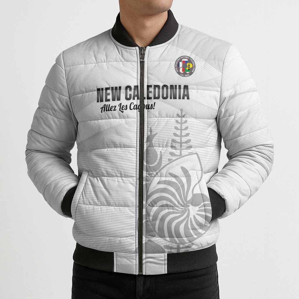 Custom New Caledonia Football Bomber Puffer Jacket Allez Les Cagous White Version - Polynesian Pride