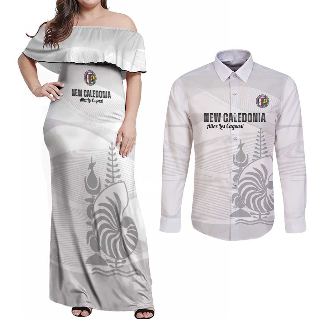 Custom New Caledonia Football Couples Matching Off Shoulder Maxi Dress and Long Sleeve Button Shirt Allez Les Cagous White Version - Polynesian Pride