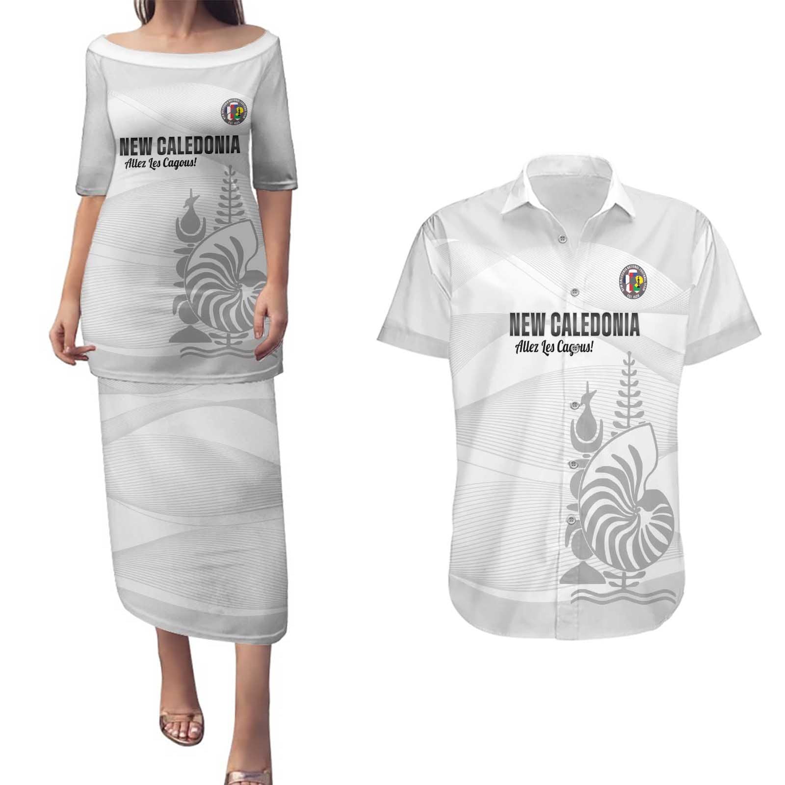 Custom New Caledonia Football Couples Matching Puletasi and Hawaiian Shirt Allez Les Cagous White Version - Polynesian Pride