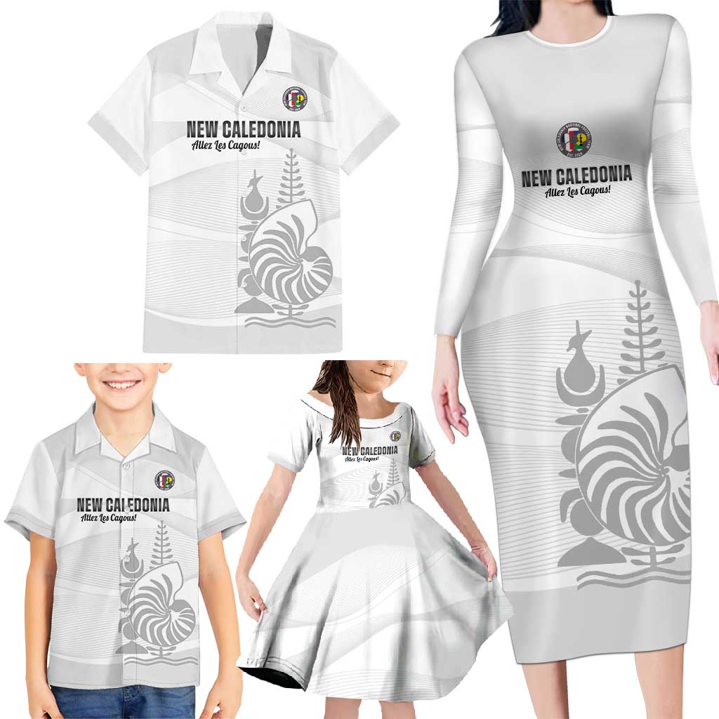Custom New Caledonia Football Family Matching Long Sleeve Bodycon Dress and Hawaiian Shirt Allez Les Cagous White Version - Polynesian Pride