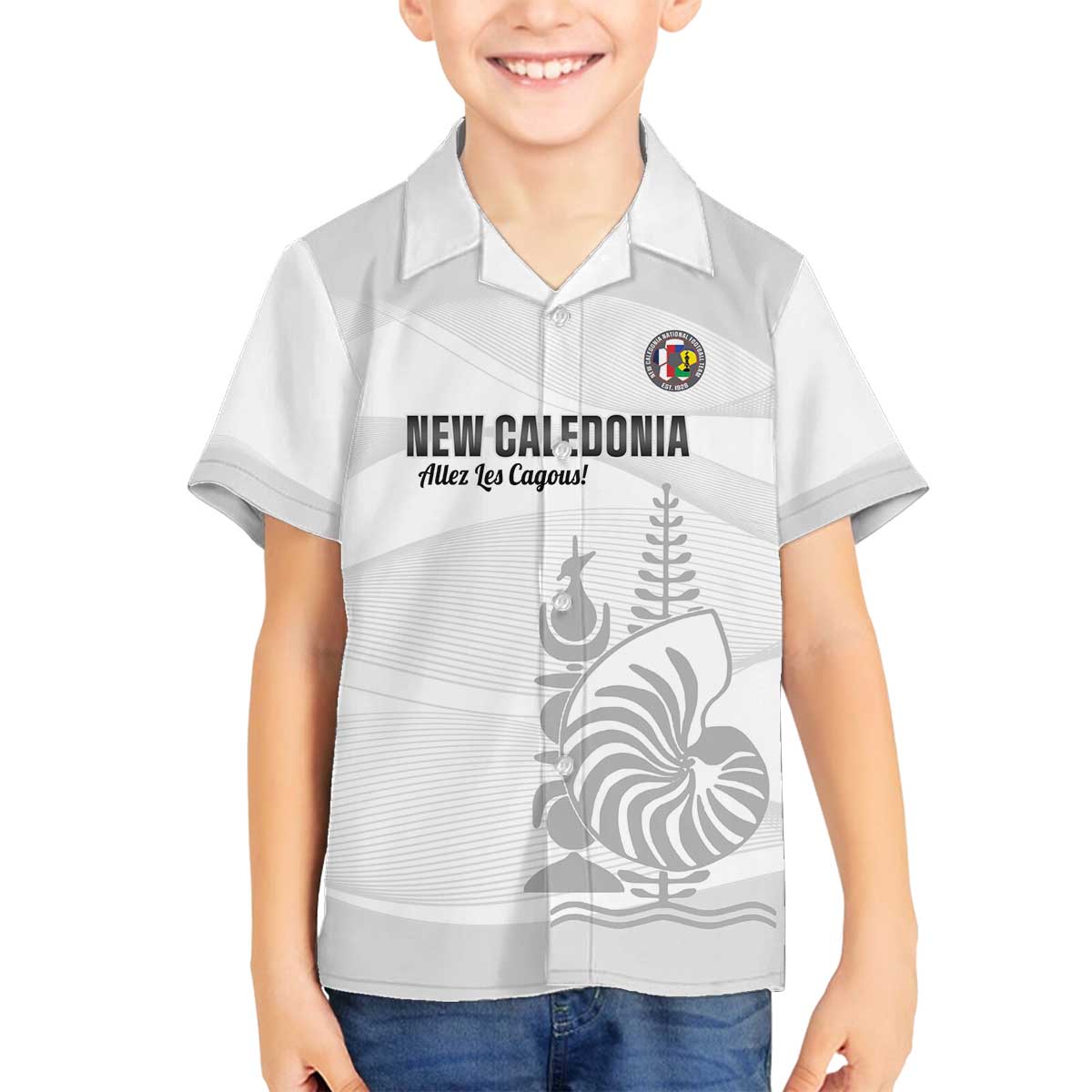 Custom New Caledonia Football Family Matching Off The Shoulder Long Sleeve Dress and Hawaiian Shirt Allez Les Cagous White Version - Polynesian Pride