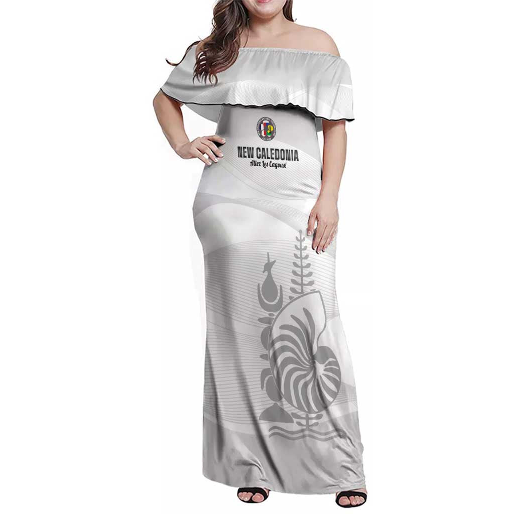 Custom New Caledonia Football Family Matching Off Shoulder Maxi Dress and Hawaiian Shirt Allez Les Cagous White Version - Polynesian Pride