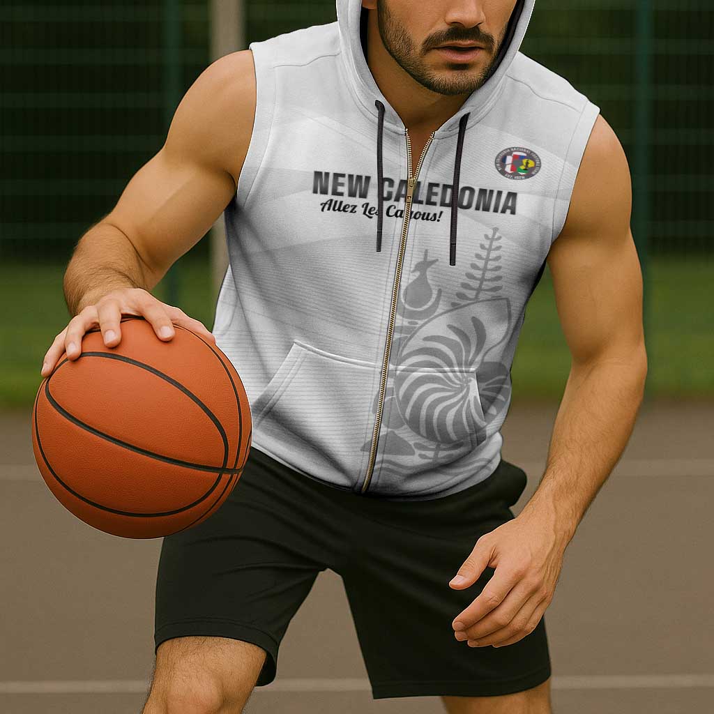 Custom New Caledonia Football Sleeveless Zip Hoodie Allez Les Cagous White Version - Polynesian Pride