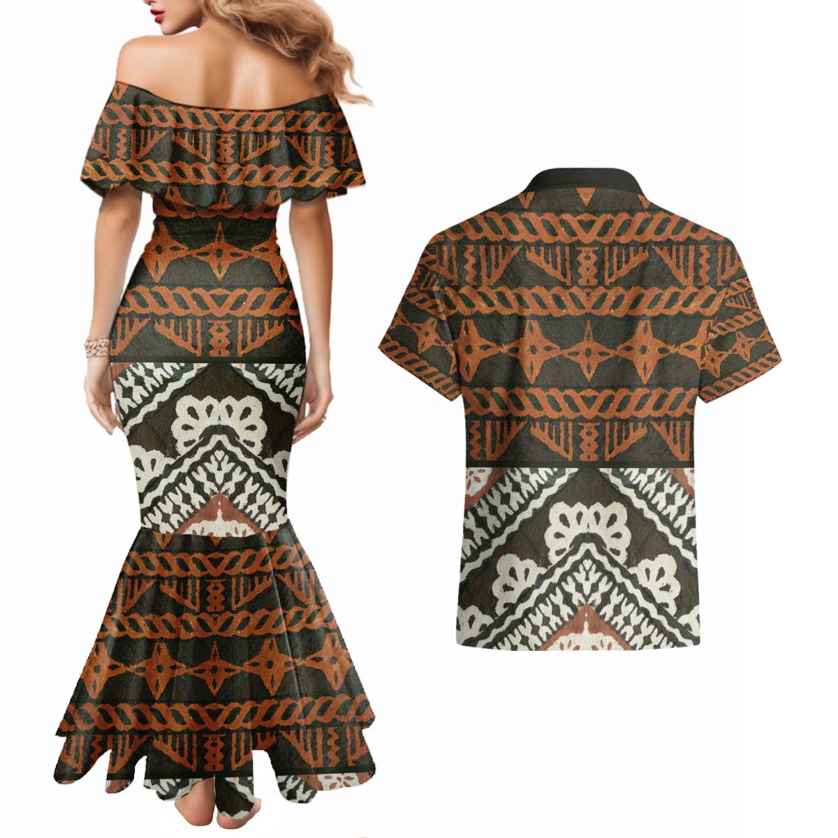 Bula Fiji Tapa Couples Matching Mermaid Dress and Hawaiian Shirt Fijian Masi Vintage Vibes - Polynesian Pride