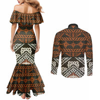 Bula Fiji Tapa Couples Matching Mermaid Dress and Long Sleeve Button Shirt Fijian Masi Vintage Vibes - Polynesian Pride