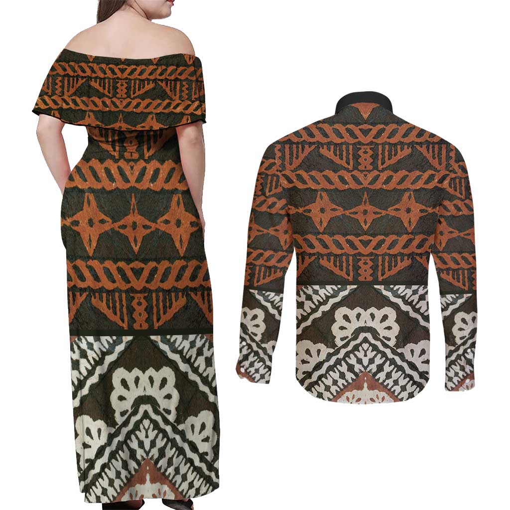 Bula Fiji Tapa Couples Matching Off Shoulder Maxi Dress and Long Sleeve Button Shirt Fijian Masi Vintage Vibes - Polynesian Pride