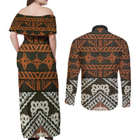 Bula Fiji Tapa Couples Matching Off Shoulder Maxi Dress and Long Sleeve Button Shirt Fijian Masi Vintage Vibes - Polynesian Pride