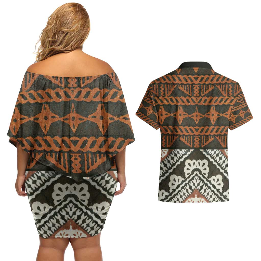 Bula Fiji Tapa Couples Matching Off Shoulder Short Dress and Hawaiian Shirt Fijian Masi Vintage Vibes - Polynesian Pride