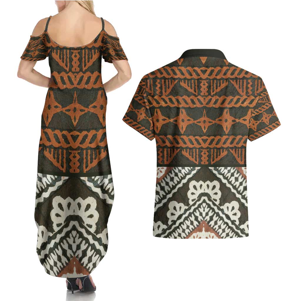 Bula Fiji Tapa Couples Matching Summer Maxi Dress and Hawaiian Shirt Fijian Masi Vintage Vibes - Polynesian Pride