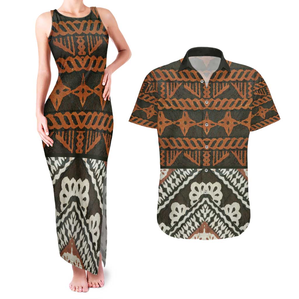 Bula Fiji Tapa Couples Matching Tank Maxi Dress and Hawaiian Shirt Fijian Masi Vintage Vibes - Polynesian Pride