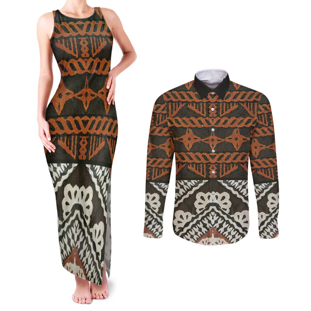 Bula Fiji Tapa Couples Matching Tank Maxi Dress and Long Sleeve Button Shirt Fijian Masi Vintage Vibes - Polynesian Pride