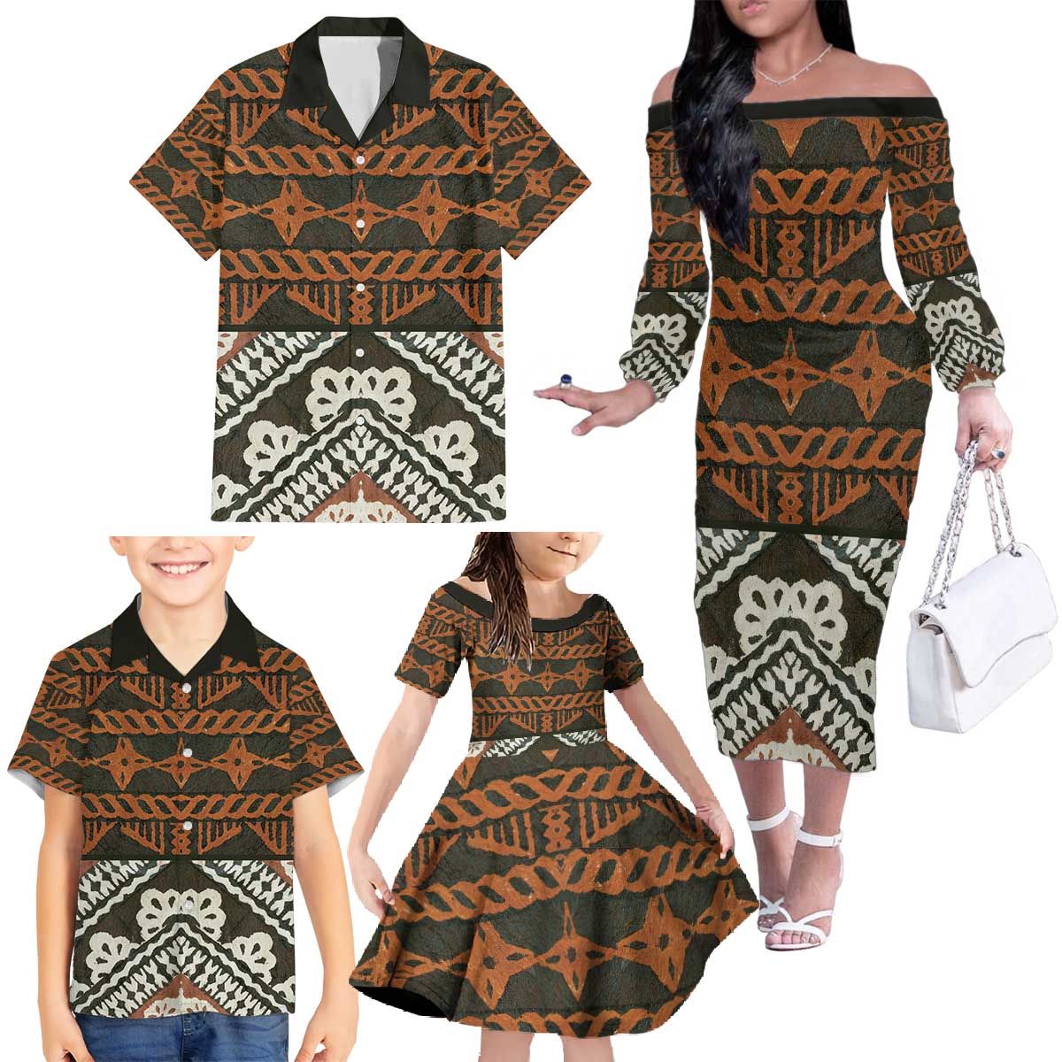 Bula Fiji Tapa Family Matching Off The Shoulder Long Sleeve Dress and Hawaiian Shirt Fijian Masi Vintage Vibes - Polynesian Pride
