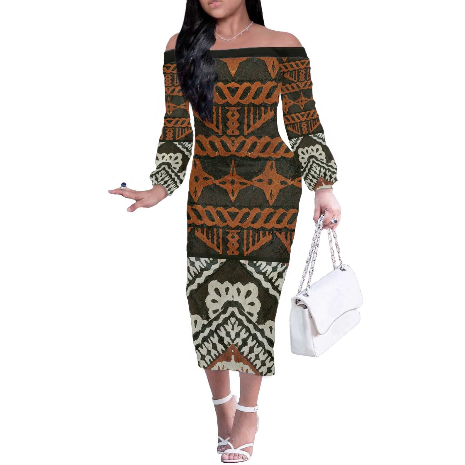 Bula Fiji Tapa Off The Shoulder Long Sleeve Dress Fijian Masi Vintage Vibes - Polynesian Pride