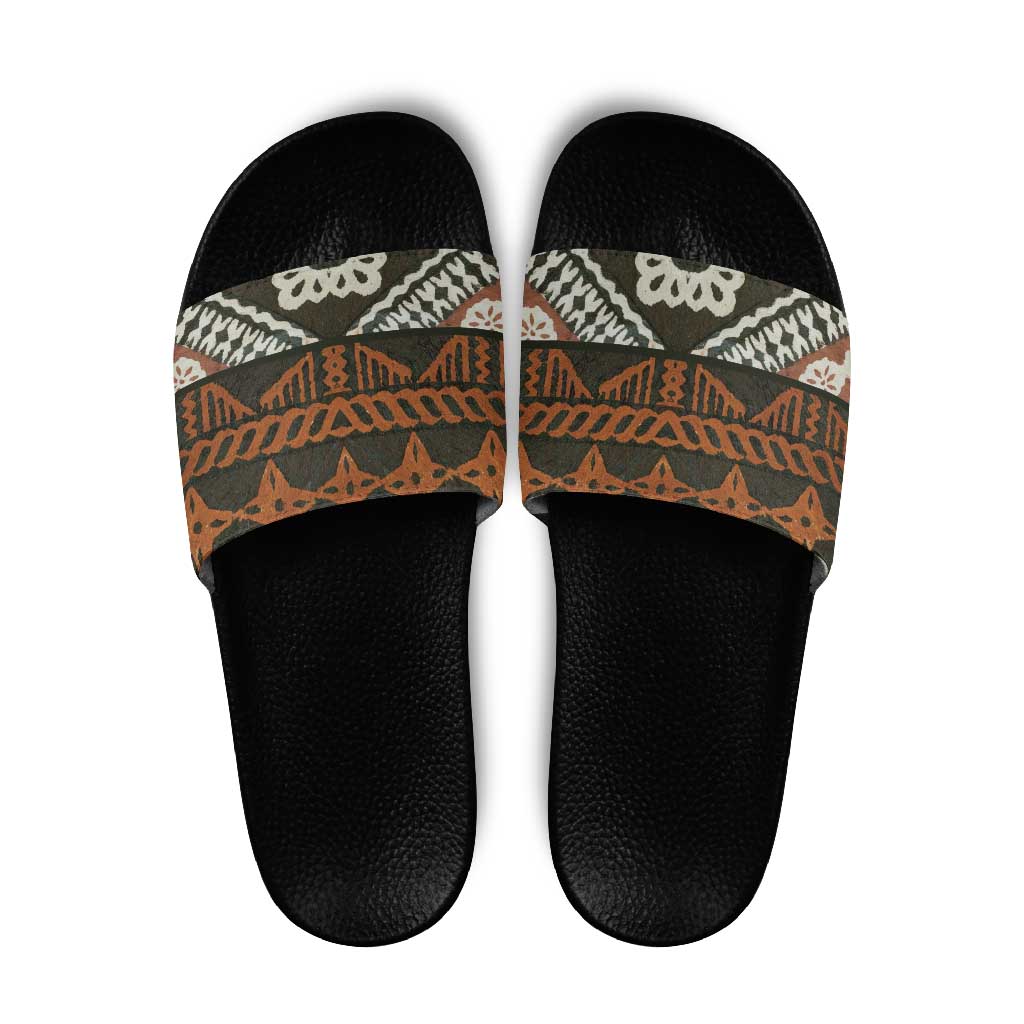Bula Fiji Tapa Slide Sandals Fijian Masi Vintage Vibes LT14 Brown - Polynesian Pride