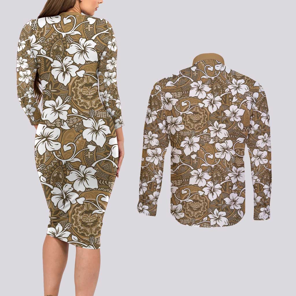 Kuvui Bula Fiji Couples Matching Long Sleeve Bodycon Dress and Long Sleeve Button Shirt Fijian Tapa Seamless Hibiscus - Polynesian Pride