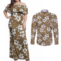 Kuvui Bula Fiji Couples Matching Off Shoulder Maxi Dress and Long Sleeve Button Shirt Fijian Tapa Seamless Hibiscus - Polynesian Pride