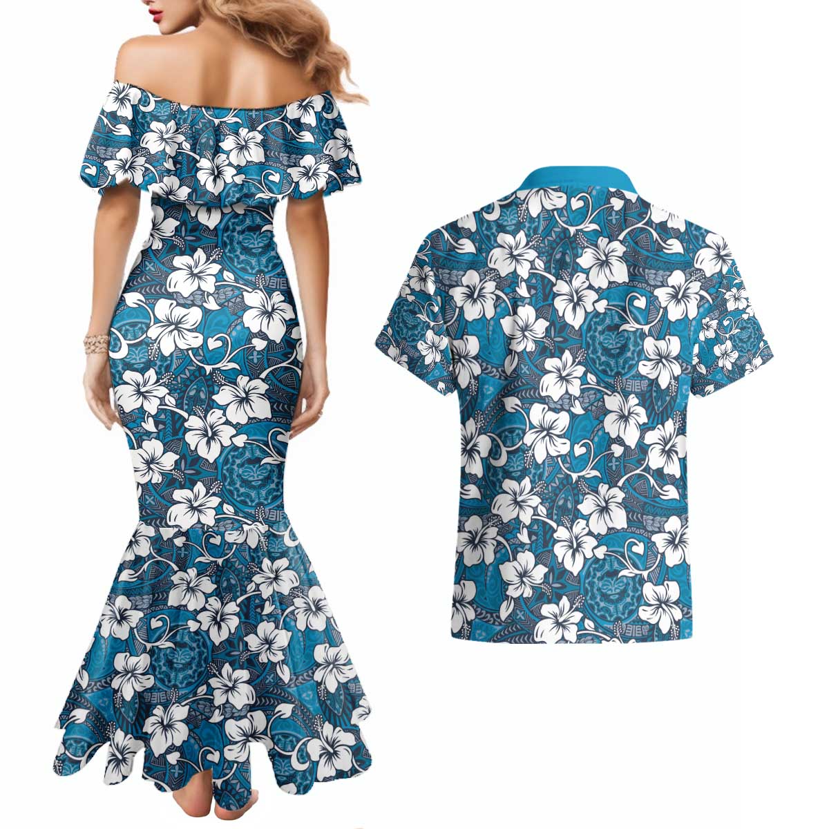 Karakarawa Bula Fiji Couples Matching Mermaid Dress and Hawaiian Shirt Fijian Tapa Seamless Hibiscus - Polynesian Pride