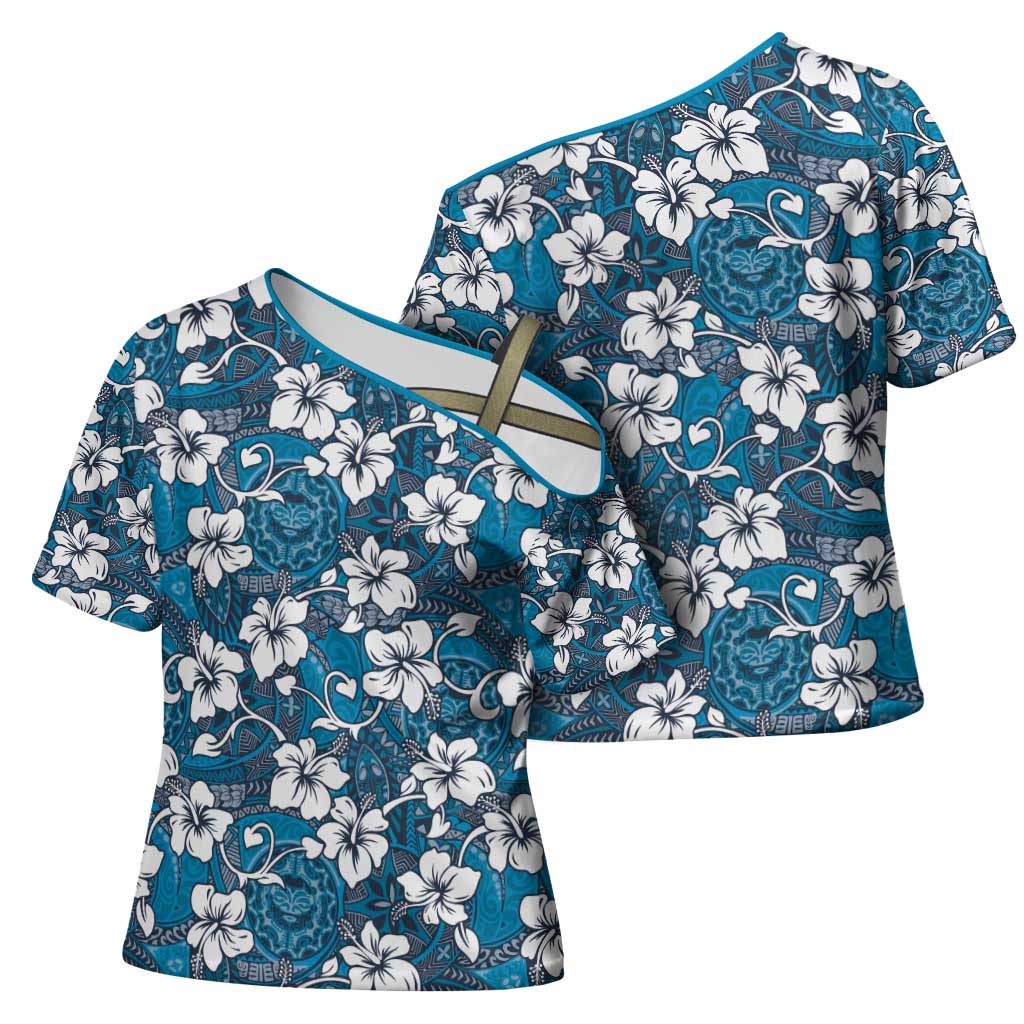 Karakarawa Bula Fiji Cross Shoulder Shirt Fijian Tapa Seamless Hibiscus - Polynesian Pride