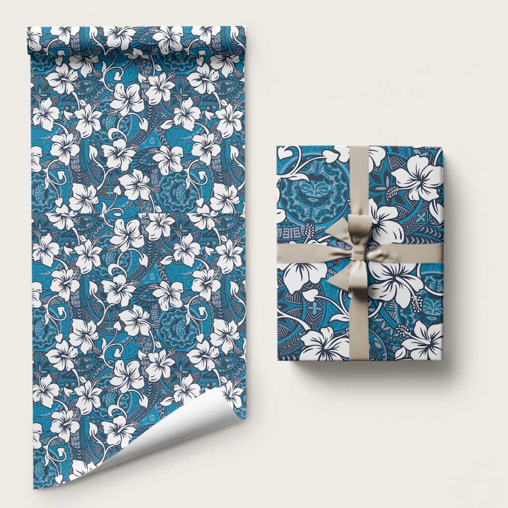 Karakarawa Bula Fiji Wrapping Paper Fijian Tapa Seamless Hibiscus LT14 58" × 23" Blue - Polynesian Pride