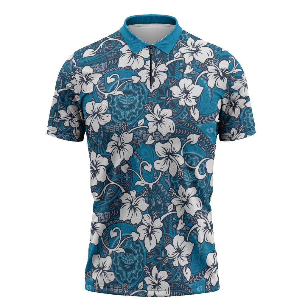 Karakarawa Bula Fiji Zipper Polo Shirt Fijian Tapa Seamless Hibiscus - Polynesian Pride