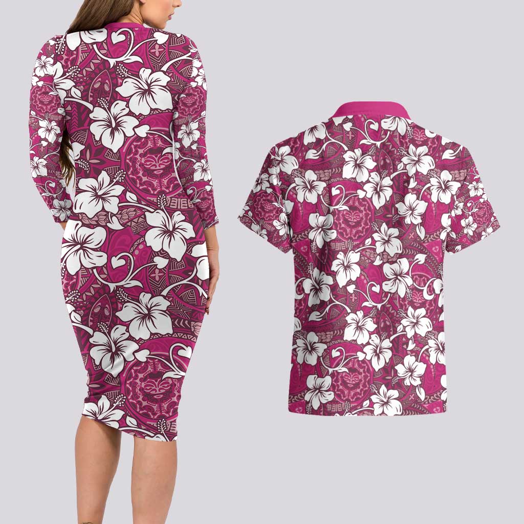 Piqi Bula Fiji Couples Matching Long Sleeve Bodycon Dress and Hawaiian Shirt Fijian Tapa Seamless Hibiscus - Polynesian Pride