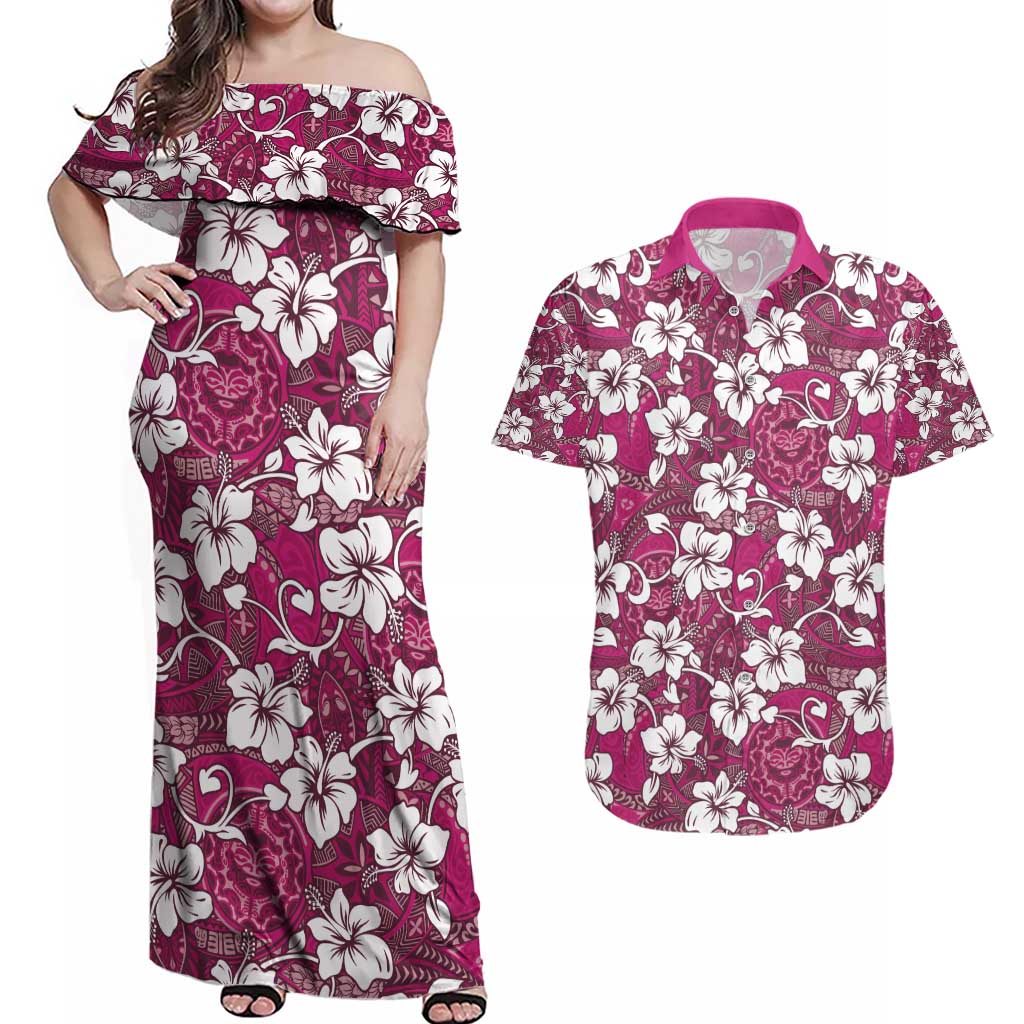 Piqi Bula Fiji Couples Matching Off Shoulder Maxi Dress and Hawaiian Shirt Fijian Tapa Seamless Hibiscus - Polynesian Pride