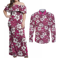 Piqi Bula Fiji Couples Matching Off Shoulder Maxi Dress and Long Sleeve Button Shirt Fijian Tapa Seamless Hibiscus - Polynesian Pride