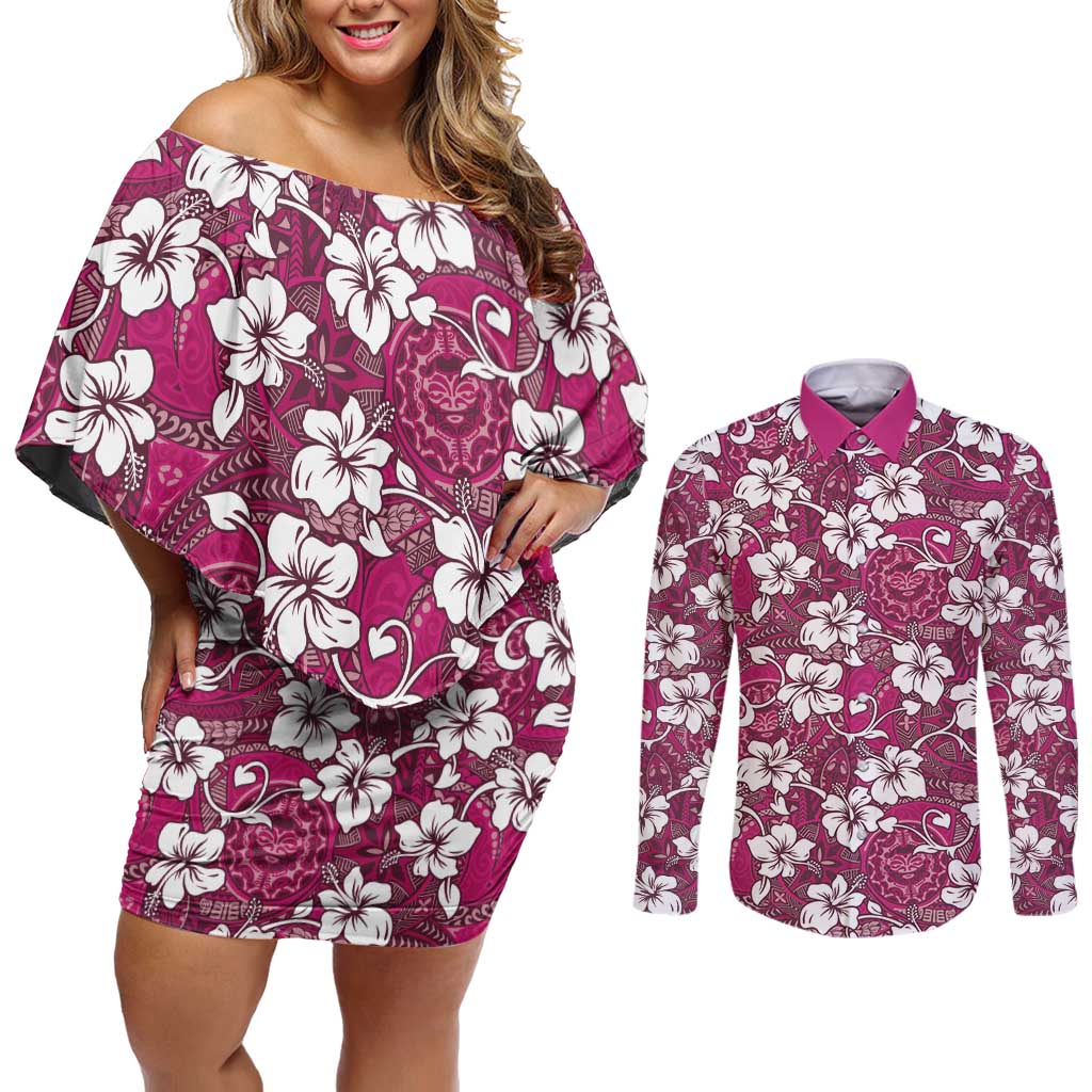 Piqi Bula Fiji Couples Matching Off Shoulder Short Dress and Long Sleeve Button Shirt Fijian Tapa Seamless Hibiscus - Polynesian Pride