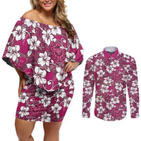 Piqi Bula Fiji Couples Matching Off Shoulder Short Dress and Long Sleeve Button Shirt Fijian Tapa Seamless Hibiscus - Polynesian Pride