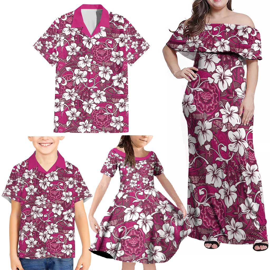 Piqi Bula Fiji Family Matching Off Shoulder Maxi Dress and Hawaiian Shirt Fijian Tapa Seamless Hibiscus - Polynesian Pride