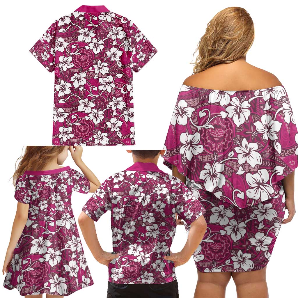 Piqi Bula Fiji Family Matching Off Shoulder Short Dress and Hawaiian Shirt Fijian Tapa Seamless Hibiscus - Polynesian Pride