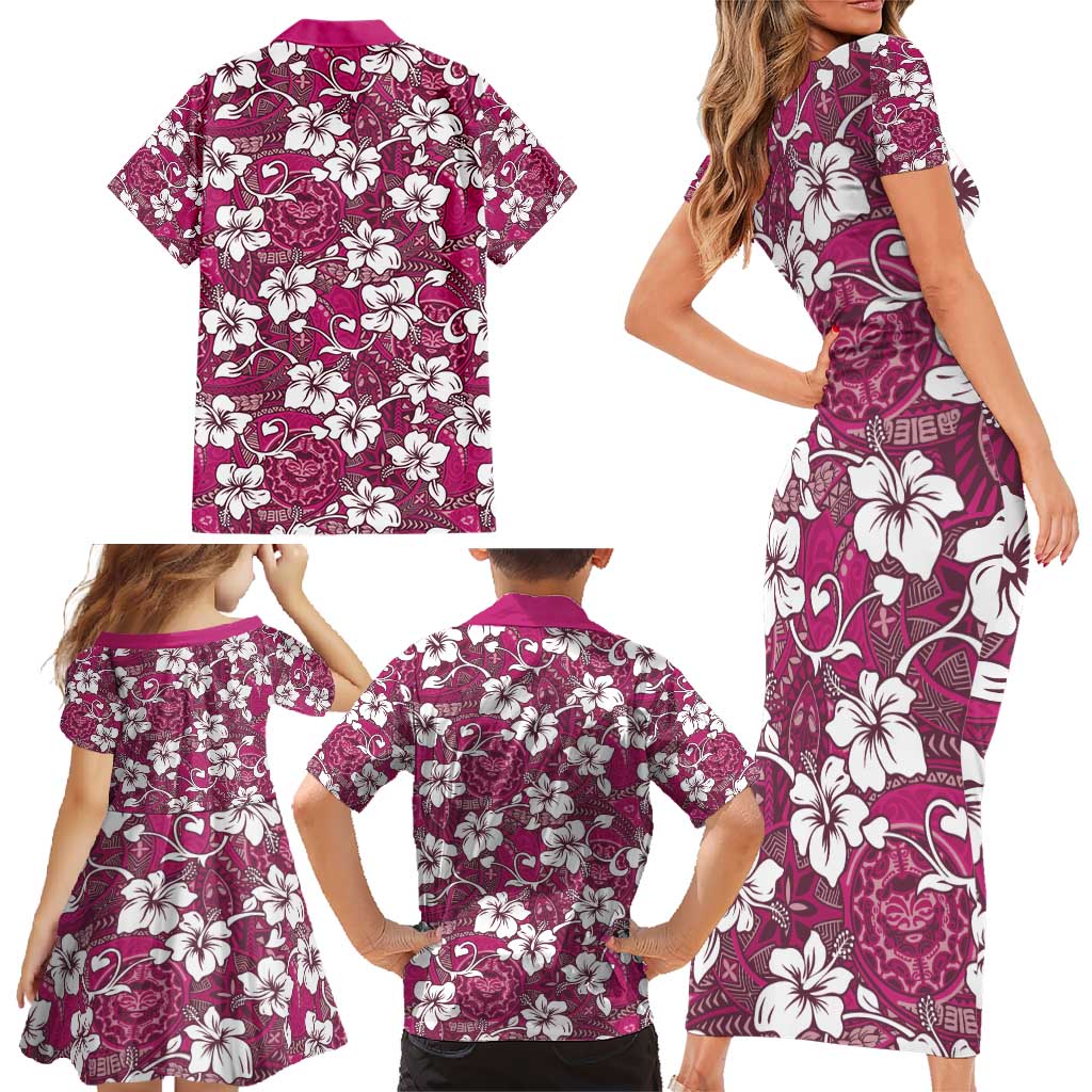 Piqi Bula Fiji Family Matching Short Sleeve Bodycon Dress and Hawaiian Shirt Fijian Tapa Seamless Hibiscus - Polynesian Pride