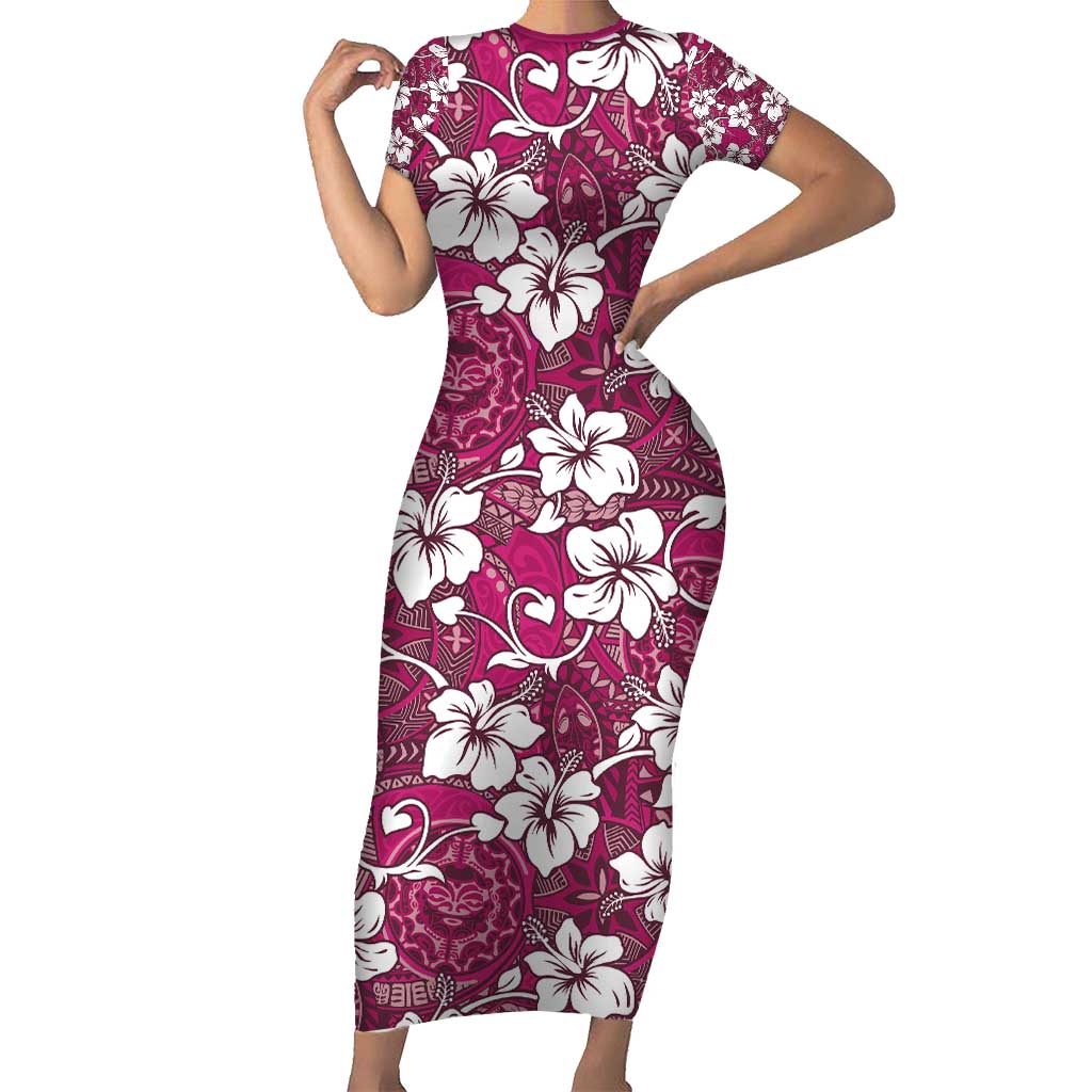 Piqi Bula Fiji Short Sleeve Bodycon Dress Fijian Tapa Seamless Hibiscus - Polynesian Pride