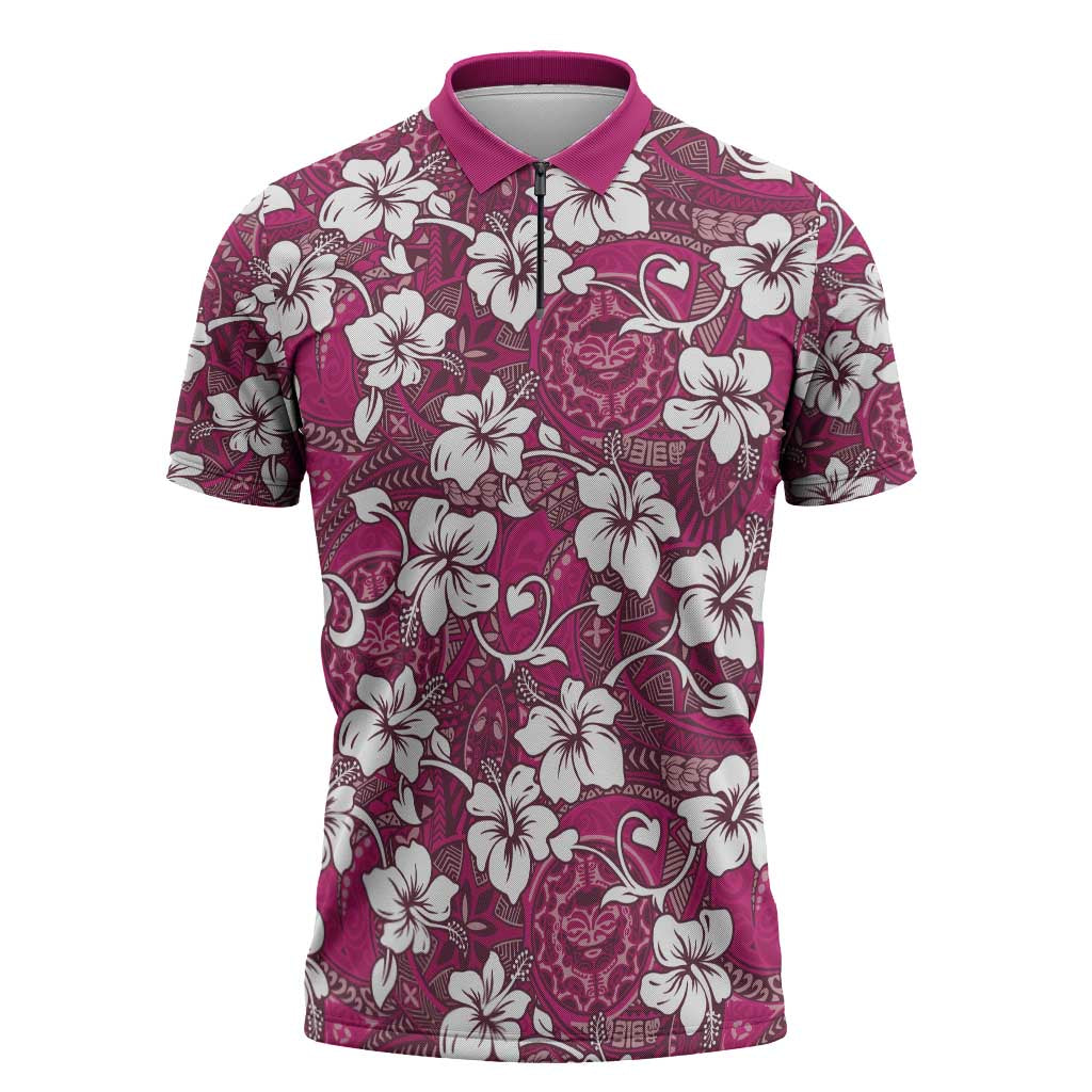 Piqi Bula Fiji Zipper Polo Shirt Fijian Tapa Seamless Hibiscus - Polynesian Pride
