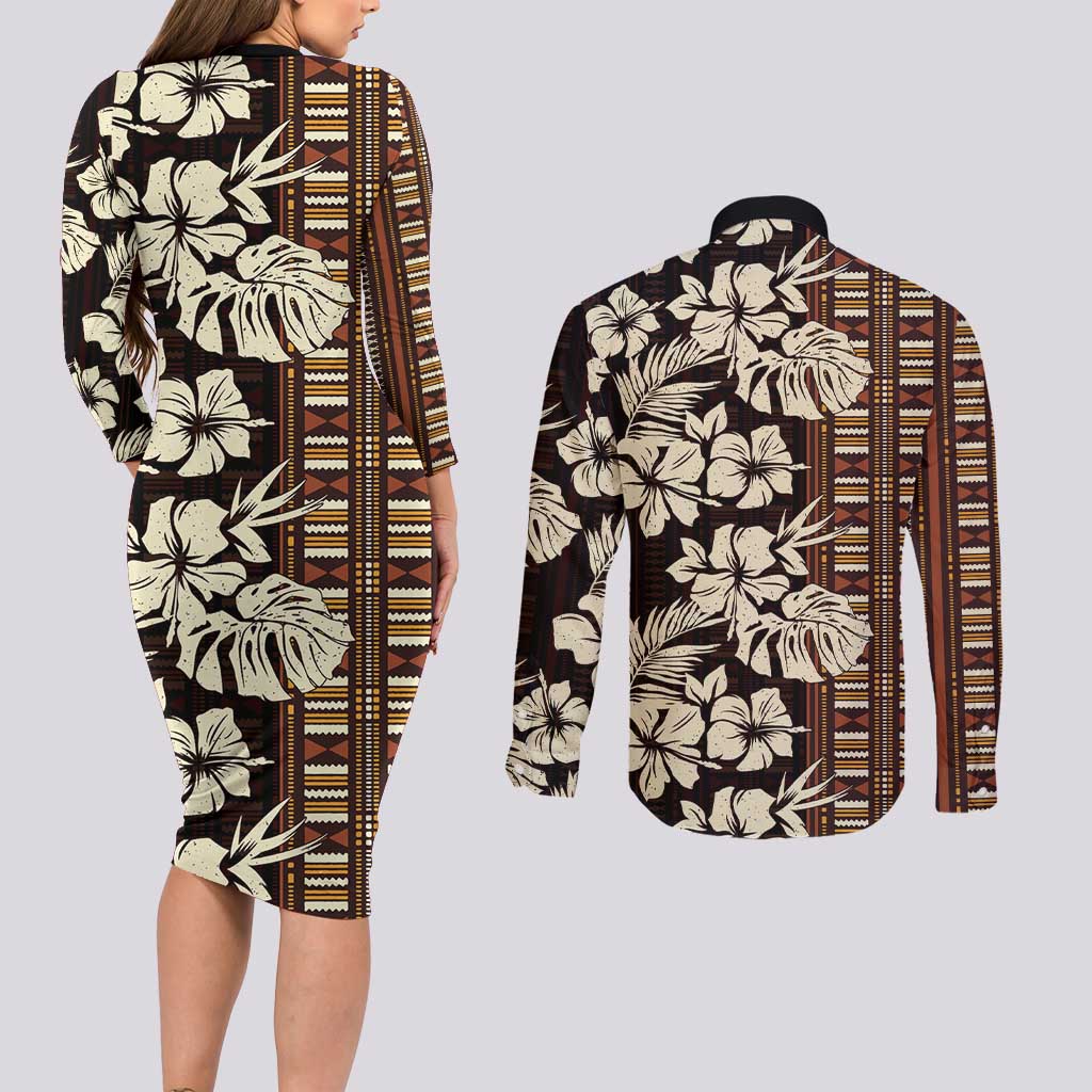 Bula Fiji Masi Couples Matching Long Sleeve Bodycon Dress and Long Sleeve Button Shirt Tapa Tropical Hibiscus Half Stylized - Polynesian Pride